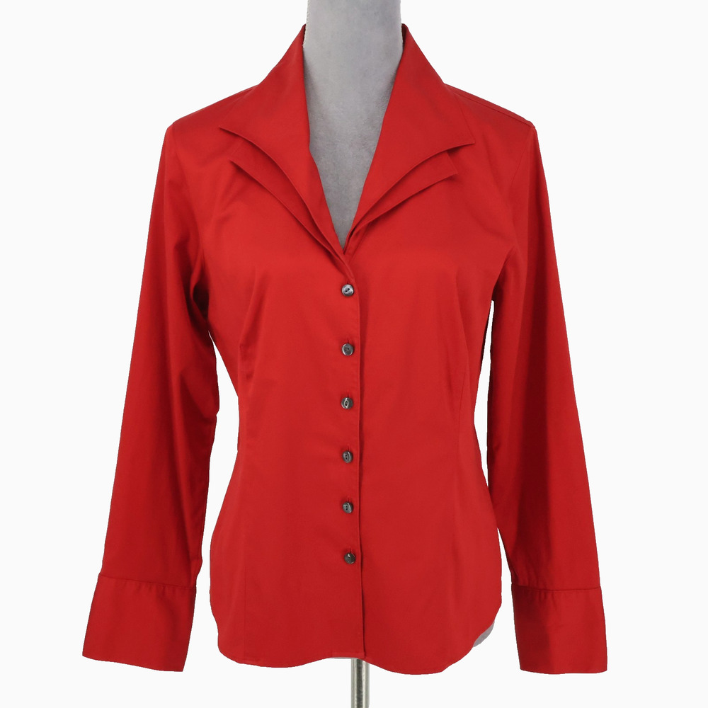 Talbots Top Petites 14P Dark Red Stretch Cotton Shirt Blouse Fitted Preppy Vtg